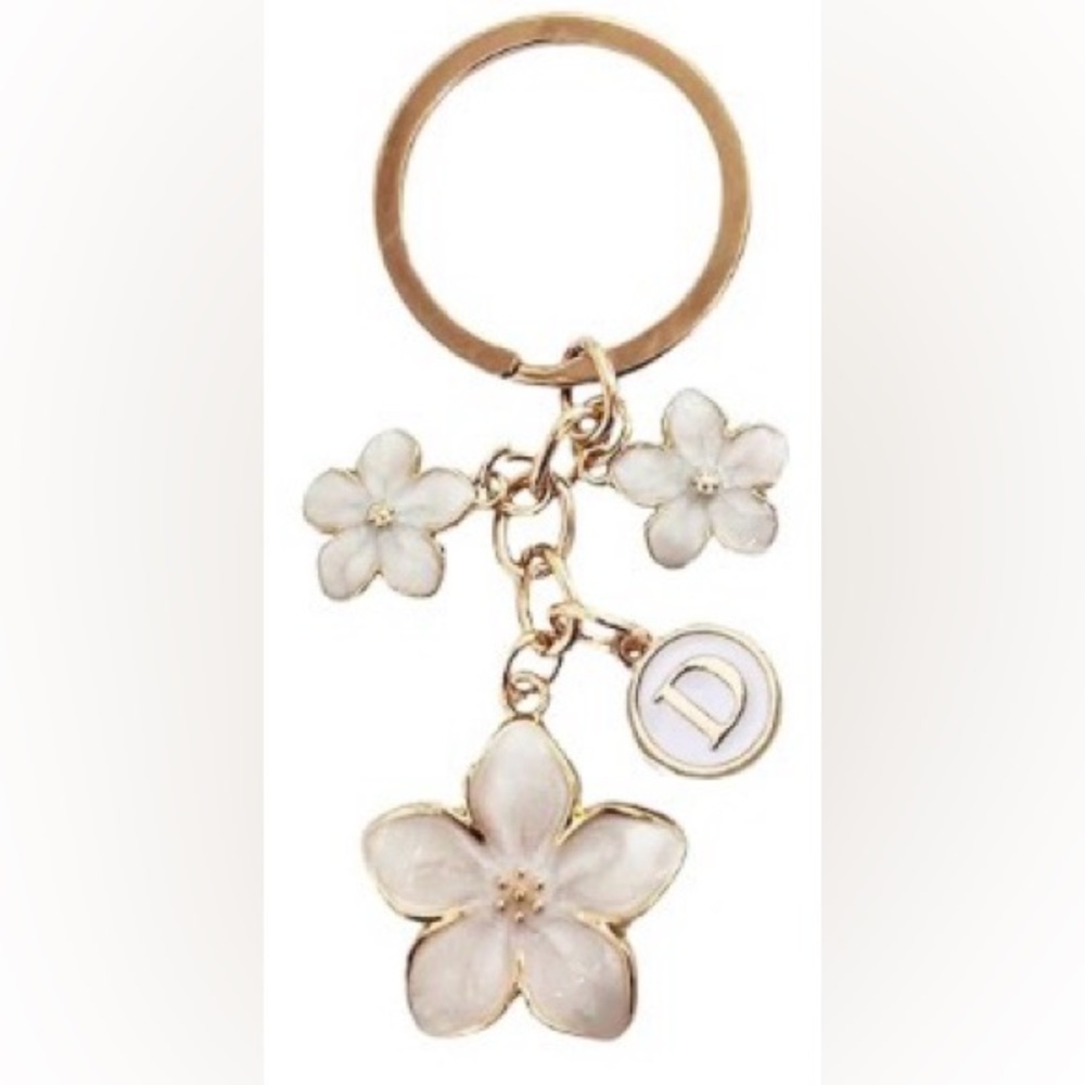 Gold and White Floral Initial Keychain “D”